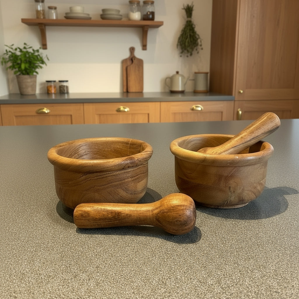 Wooden mortar and pestle on a kitchen counter with a white tiled wall and black coffee maker in the background.