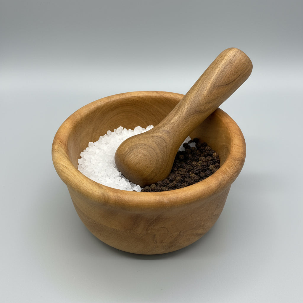 Wooden mortar and pestle on a gray surface