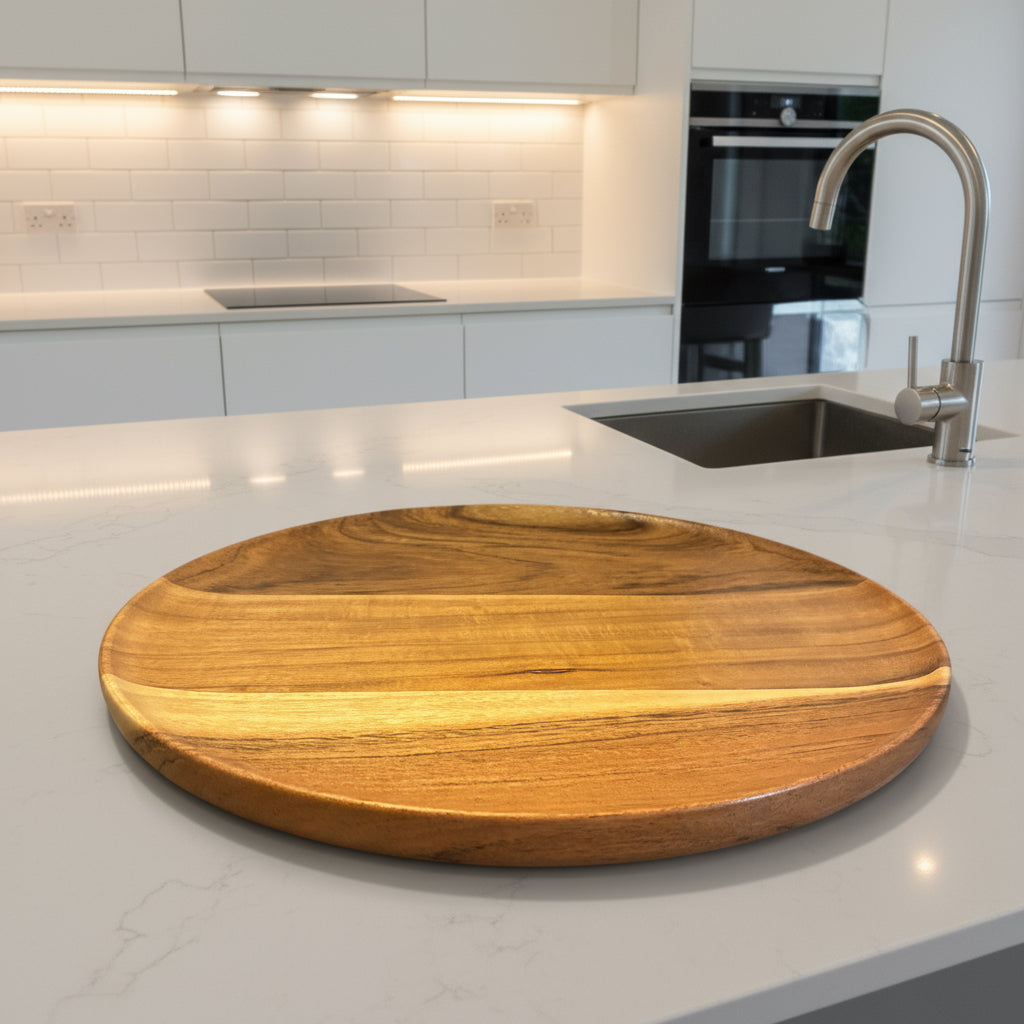 Wooden cutting board on a kitchen counter with a coffee maker in the background.