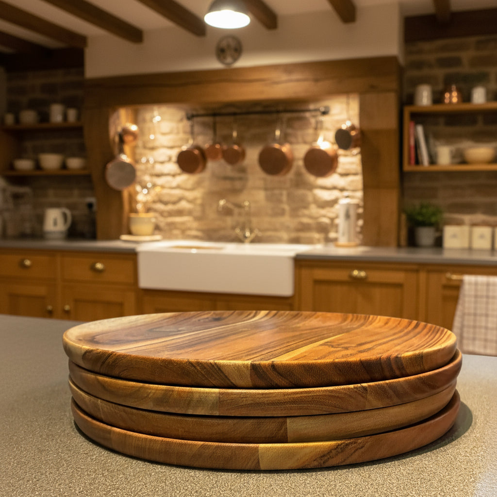 Stack of wooden cutting boards on a kitchen counter with a water bottle and dishes in the background.