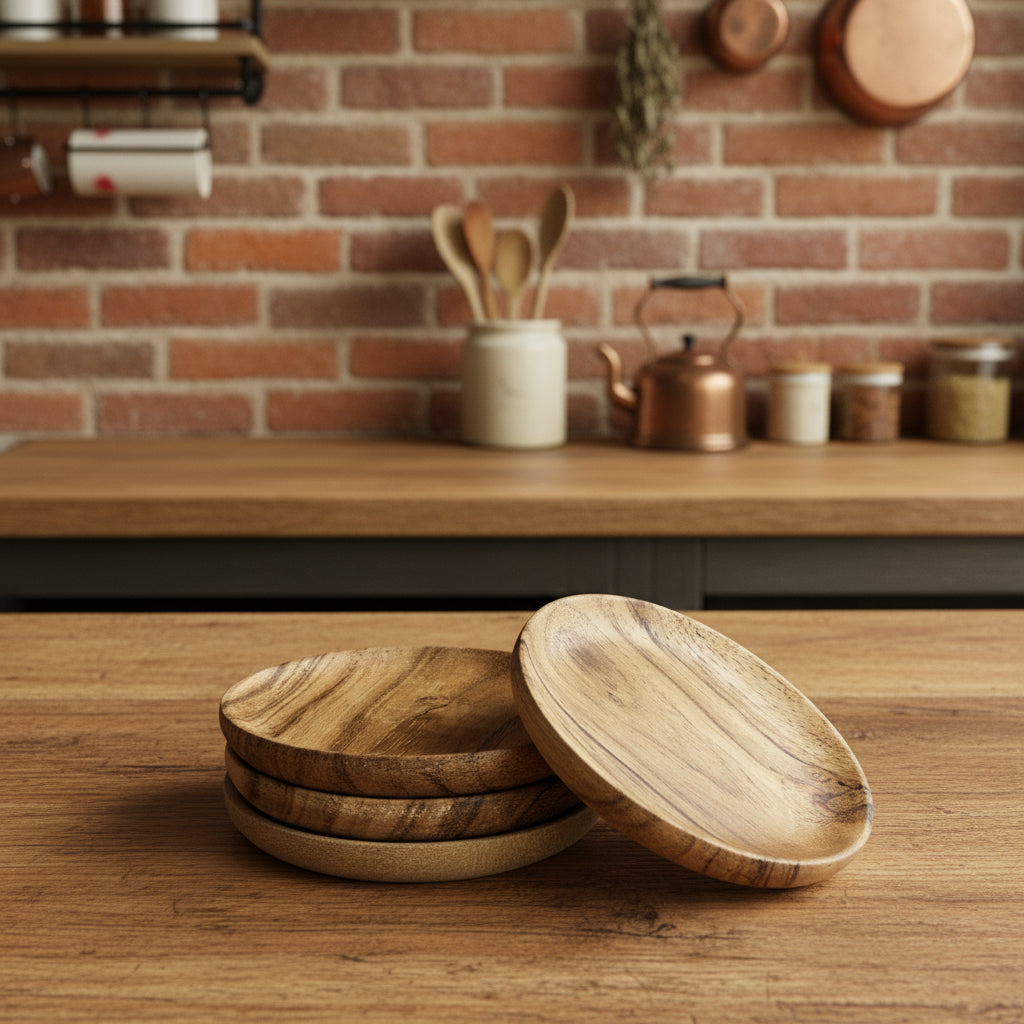 Set of wooden coasters on a textured surface with a brown background