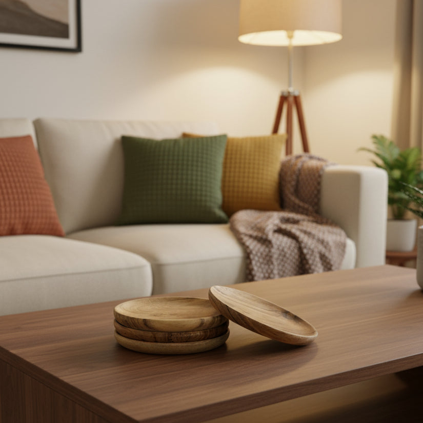 Living room with a wooden coffee table, sofa with colorful cushions, and a lamp.