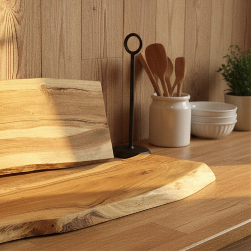 Two wooden slabs on a white surface with a cardboard box in the background