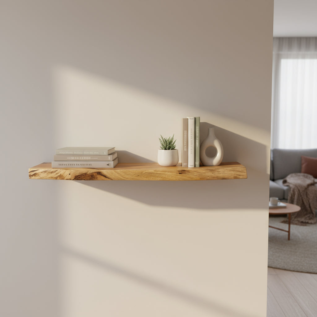 Wooden board with natural edge on a white surface with cardboard in the background