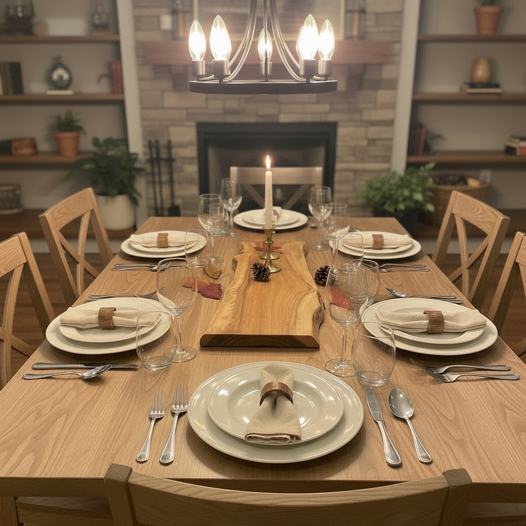 Dining table set for a meal with plates, silverware, and a candle in a cozy room.