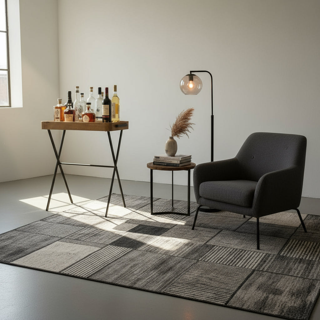 Wooden stand in a warehouse setting with cardboard boxes and a forklift in the background.