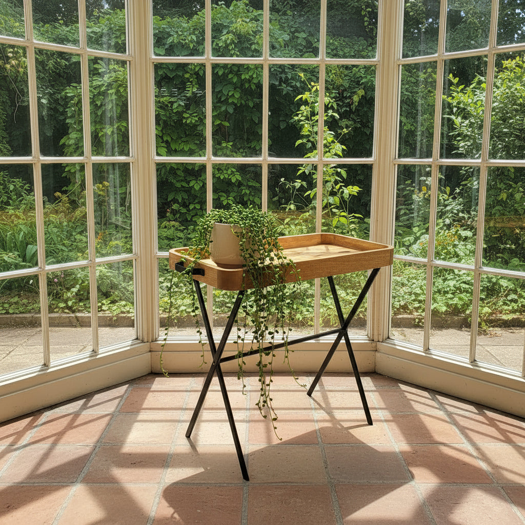 Wooden tray on a stand in an indoor setting with concrete floor