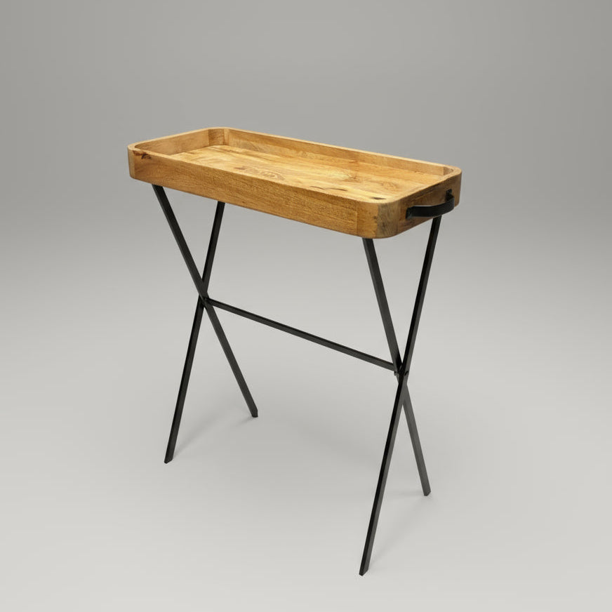 Wooden tray with metal legs on a gray background