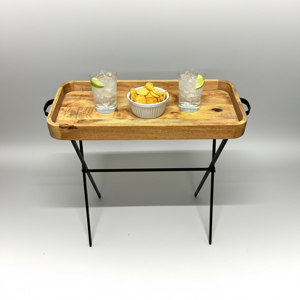 Wooden tray with a bottle on a metal stand against a gray background