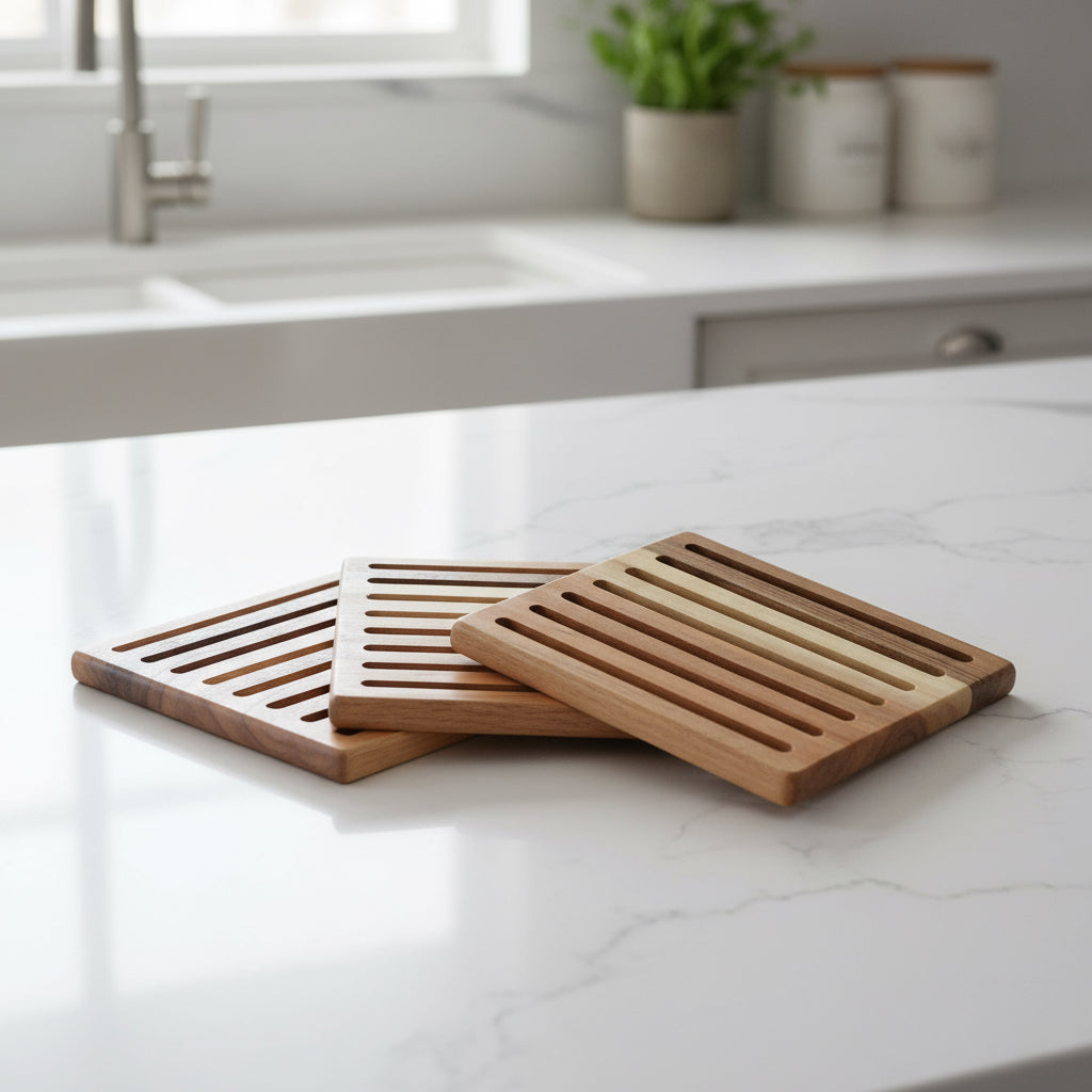 Two wooden trivets on a kitchen surface
