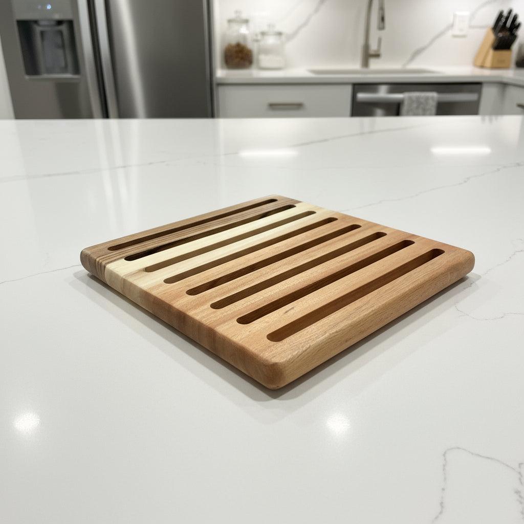 Wooden slotted mat on a concrete floor