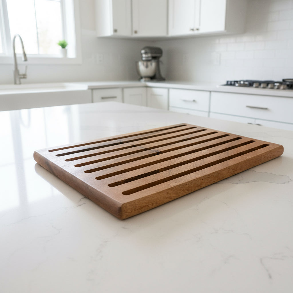 Wooden mat on a concrete floor with cardboard boxes in the background