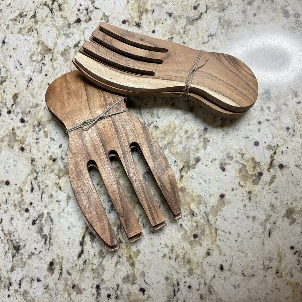 Wooden salad servers on a concrete surface
