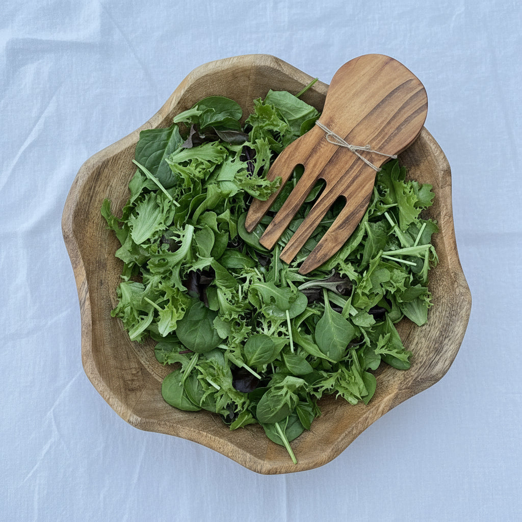 Wooden bowl and spoon on a patterned rug