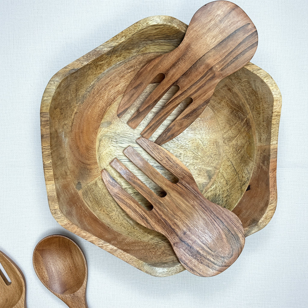 Wooden salad bowl with two wooden utensils on a patterned rug