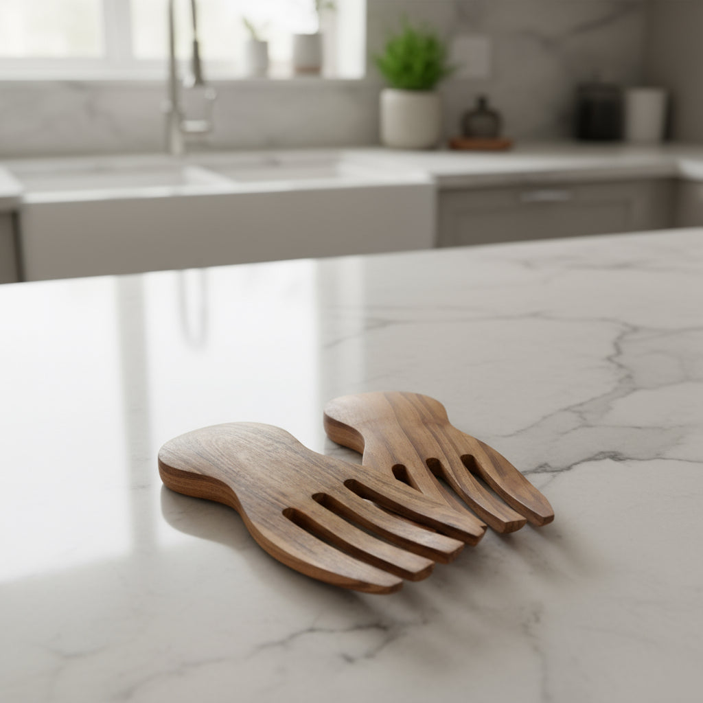 Wooden salad servers on a concrete surface