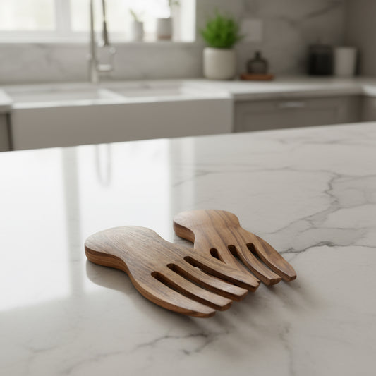 Wooden salad servers on a concrete surface