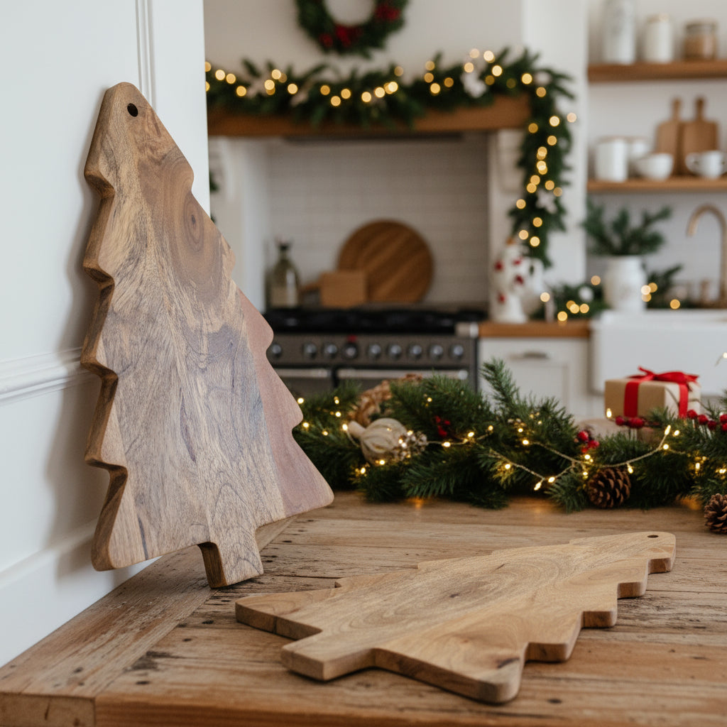 Two wooden Christmas tree ornaments on a wooden floor against a white wall.