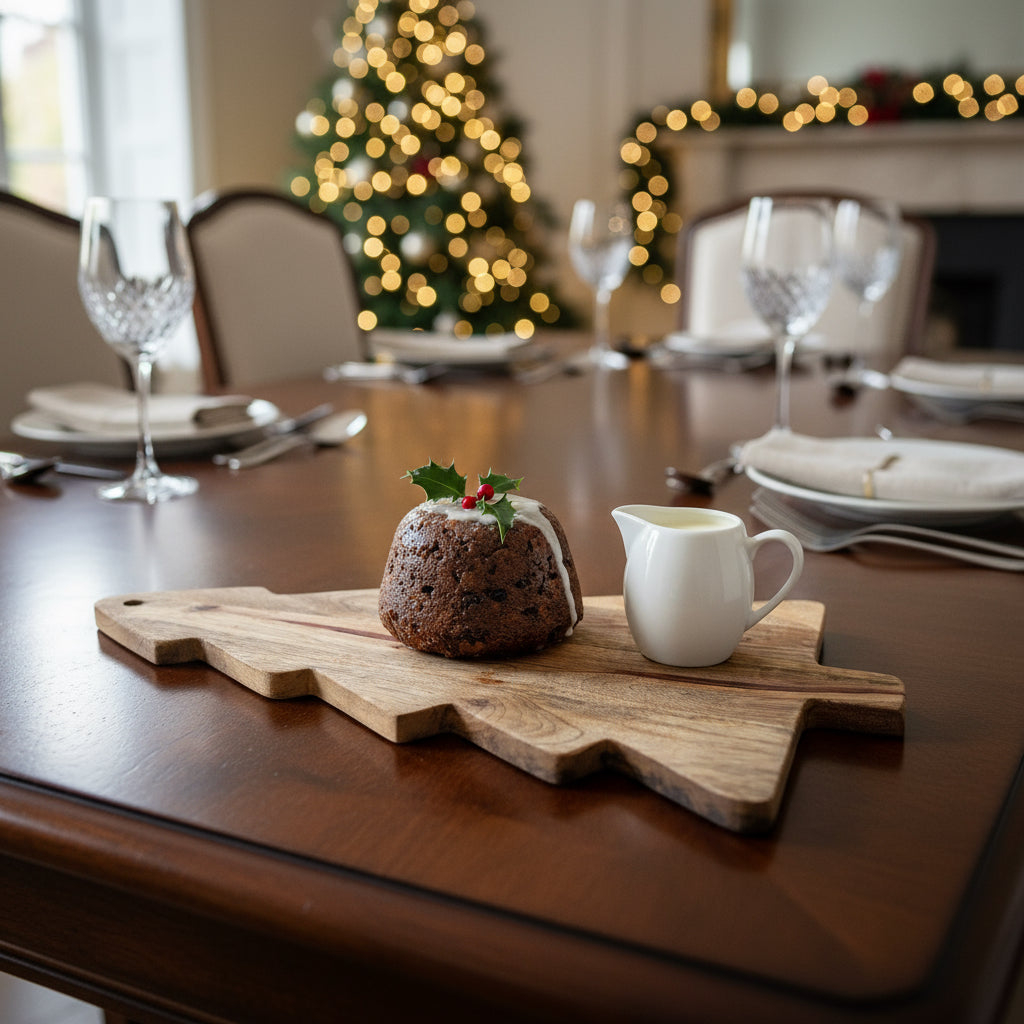 Wooden cutting board with wavy edge on a wooden floor