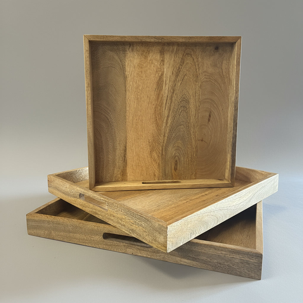 Wooden trays stacked on top of each other in a workshop setting