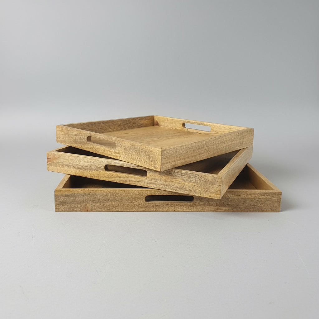 Wooden trays stacked on a table with a cluttered background