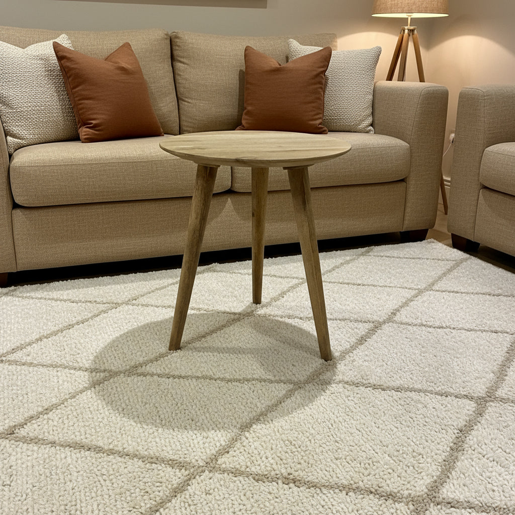 Wooden side table in a room with tiled floor and white cabinets.