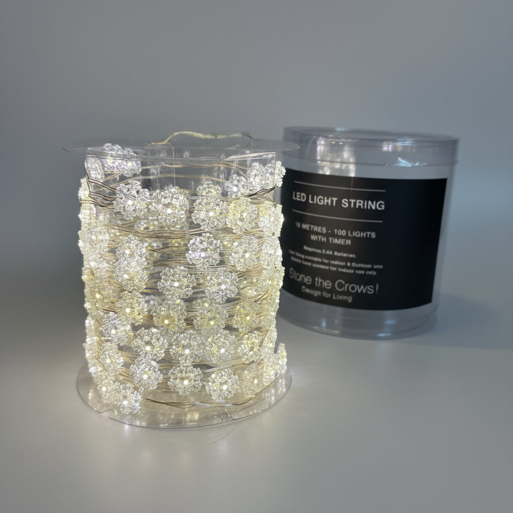 LED light string in packaging with a label on a countertop