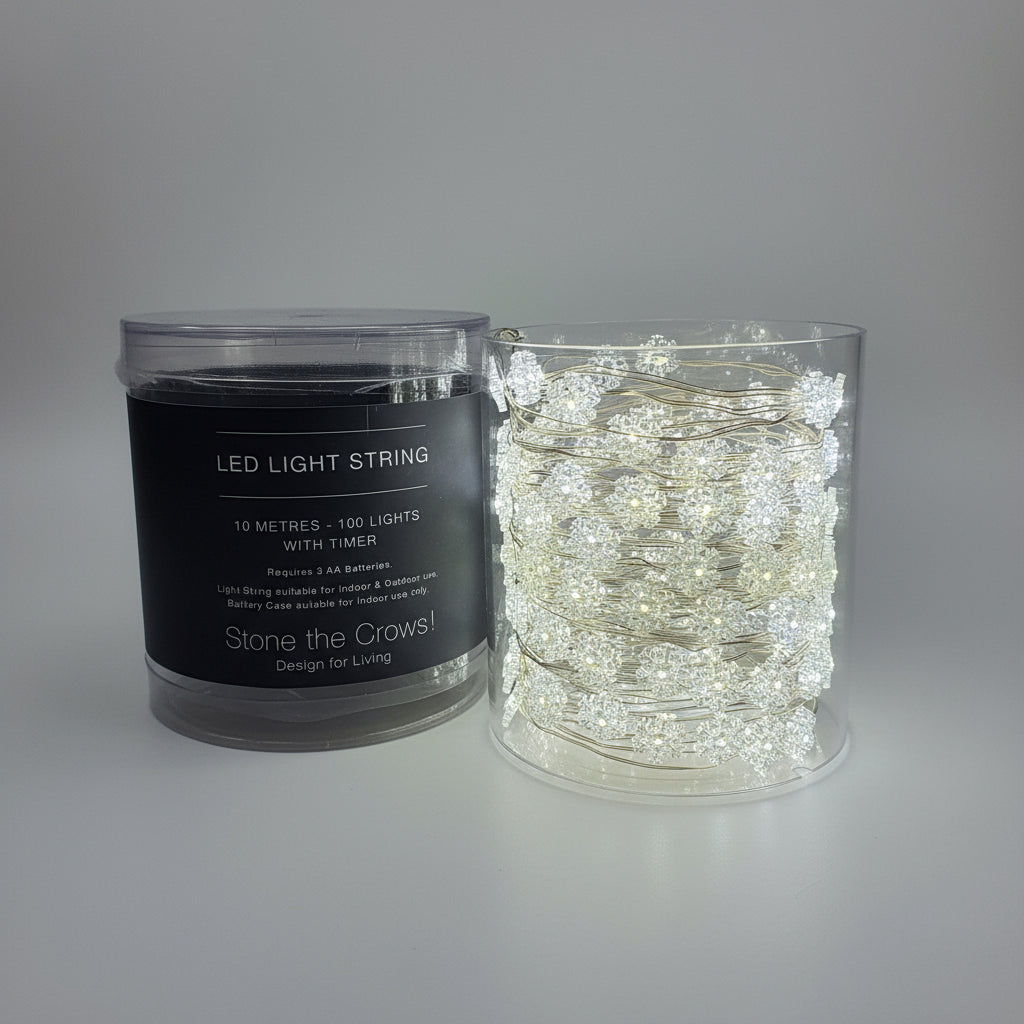10m Snowflake LED string of lights with timer - battery operated