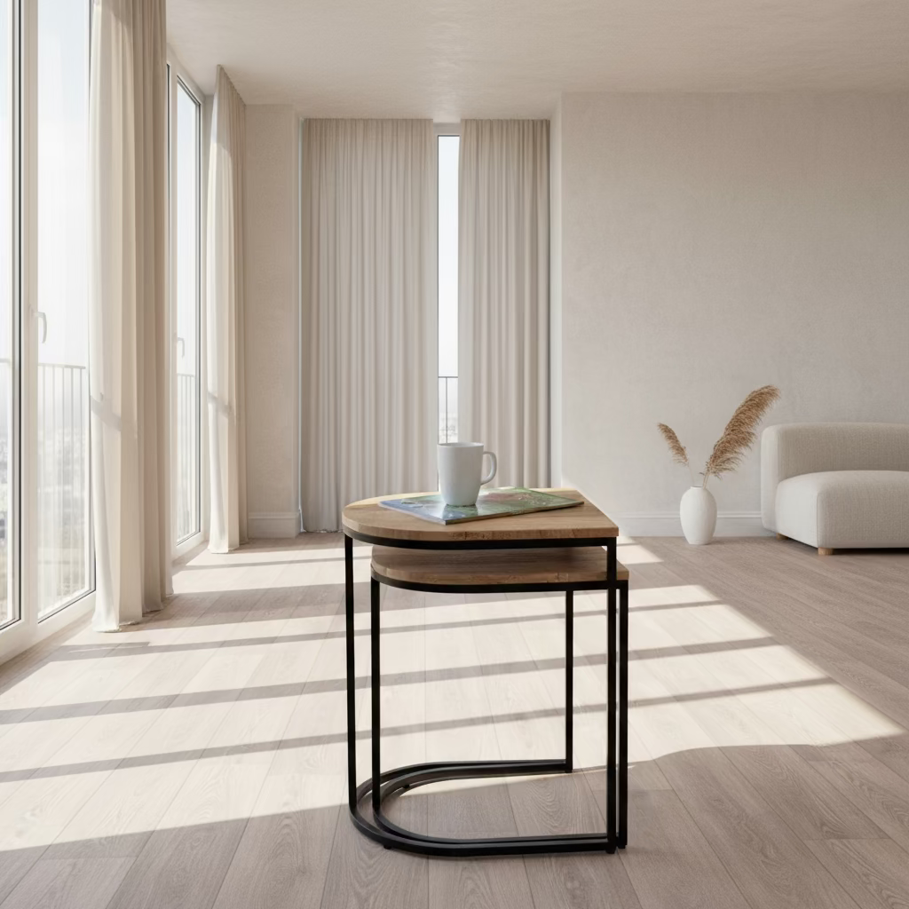 Wooden side table with black metal legs, mug, and magazine on a wooden floor.