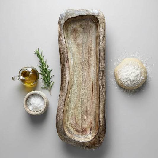 Wooden tray on a tiled floor
