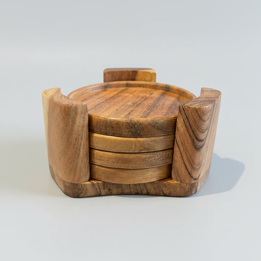 Wooden coaster set with holder on a countertop