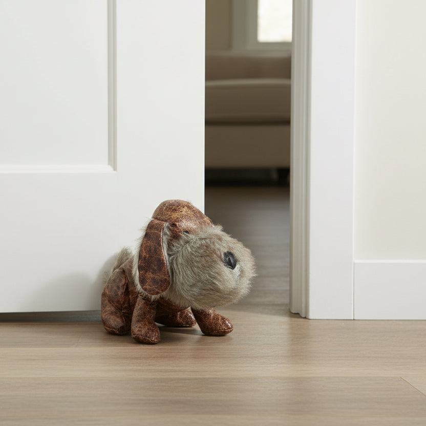 Stuffed animal resembling a dog on a concrete floor with cardboard boxes in the background
