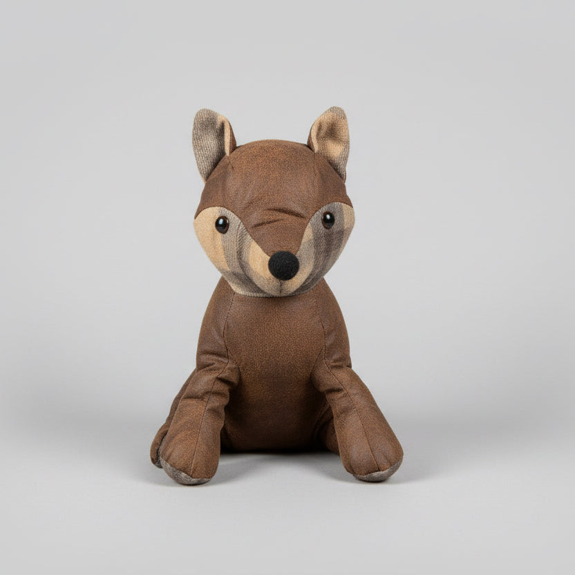 Plush toy resembling a brown animal with a beige muzzle on a concrete floor.