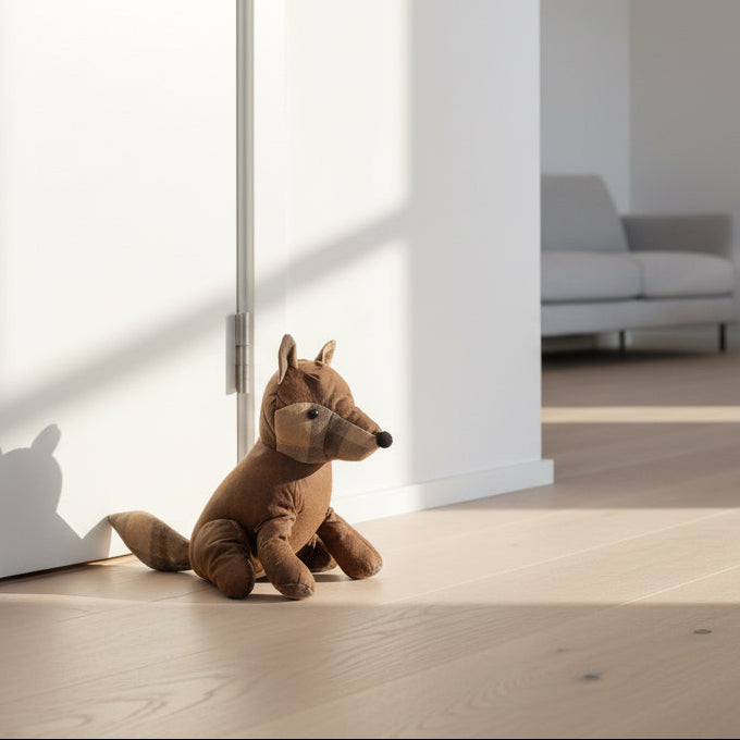 Brown stuffed animal on a concrete floor with cardboard boxes in the background