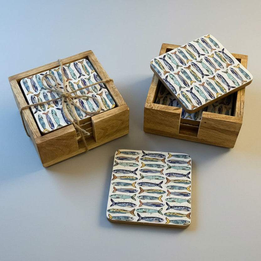 Wooden box with patterned items on a wooden surface