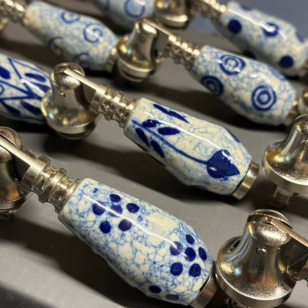 Close-up of a necklace with blue and white ceramic beads on a gray background