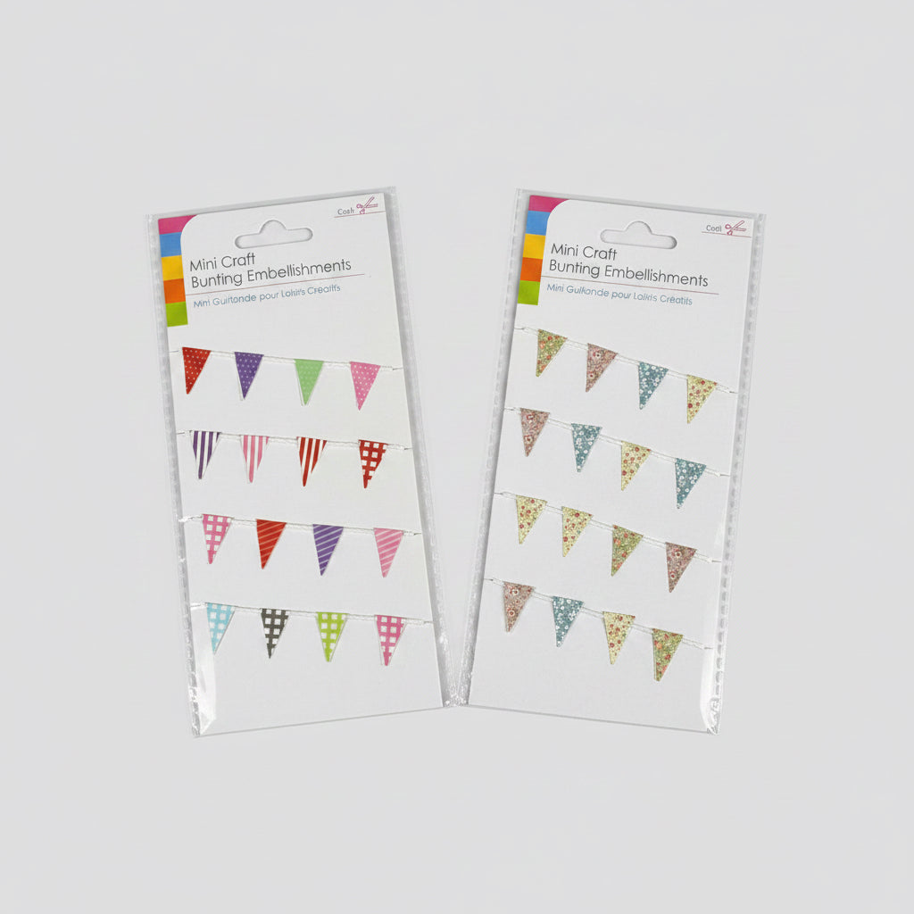 Two packages of mini craft bunting embellishments on a black background