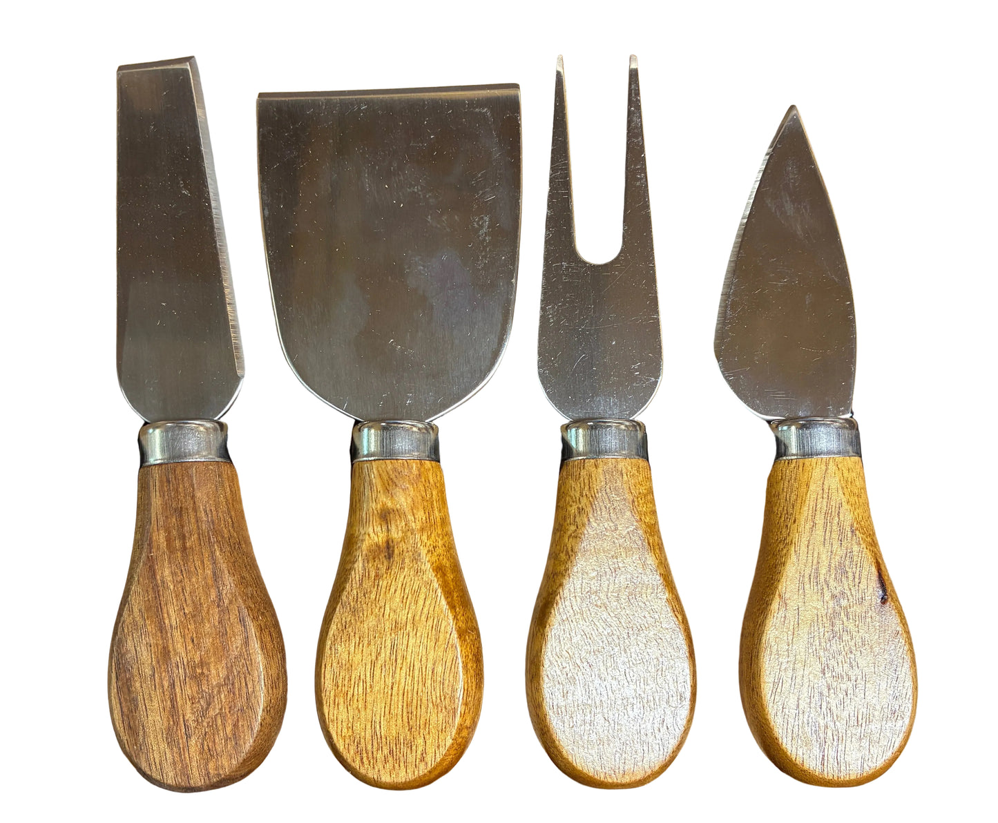 Set of four cheese knives with wooden handles in a cardboard box.
