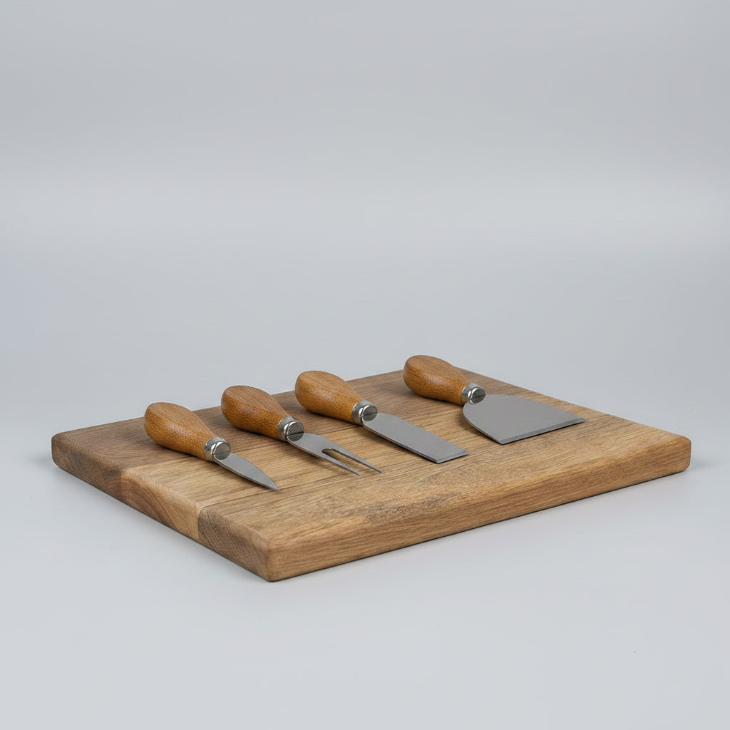 Set of five metal tools with wooden handles on a wooden board