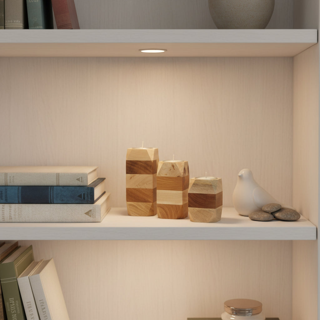 Three wooden candle holders on a dark surface with a laptop and cardboard box in the background.