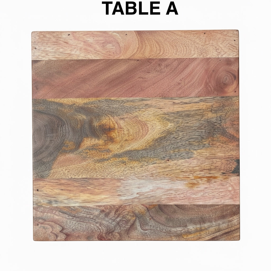 A square wooden board labeled 'TABLE A' at the top, made from multiple horizontal wood planks with varied grain patterns in tan, brown, beige, and muted gray tones, shown on a white background.