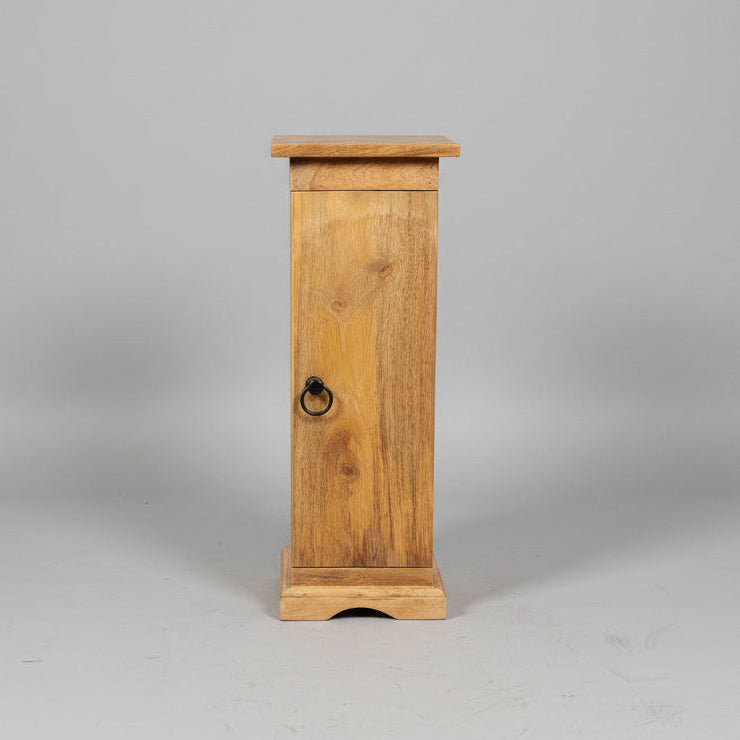 A rectangular wooden storage cabinet or box with a hinged lid, shown in a workshop environment on a gray concrete floor.