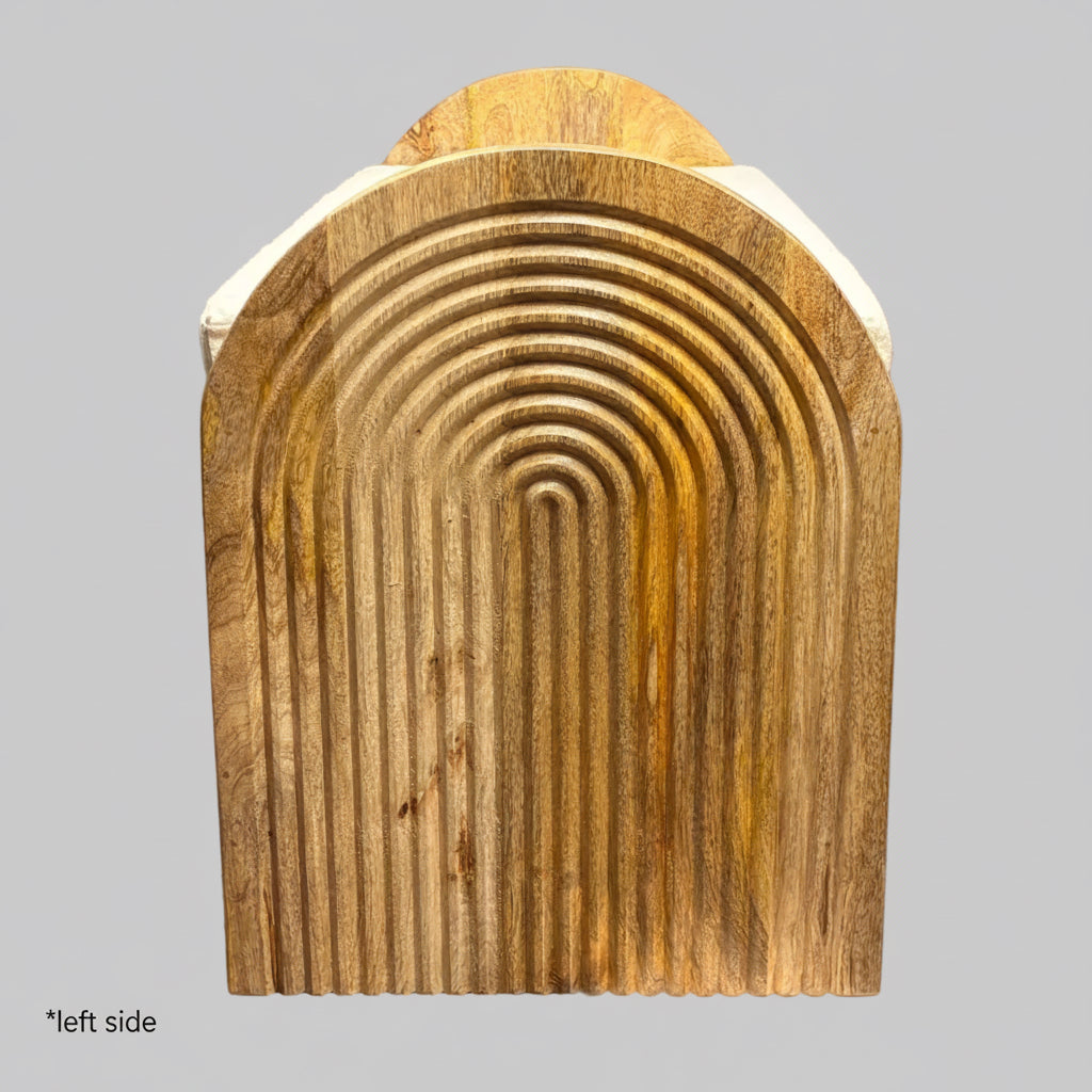 A handcrafted wooden wall sconce with a ribbed, arched design and a white fabric or paper back, shown against a solid gray background.