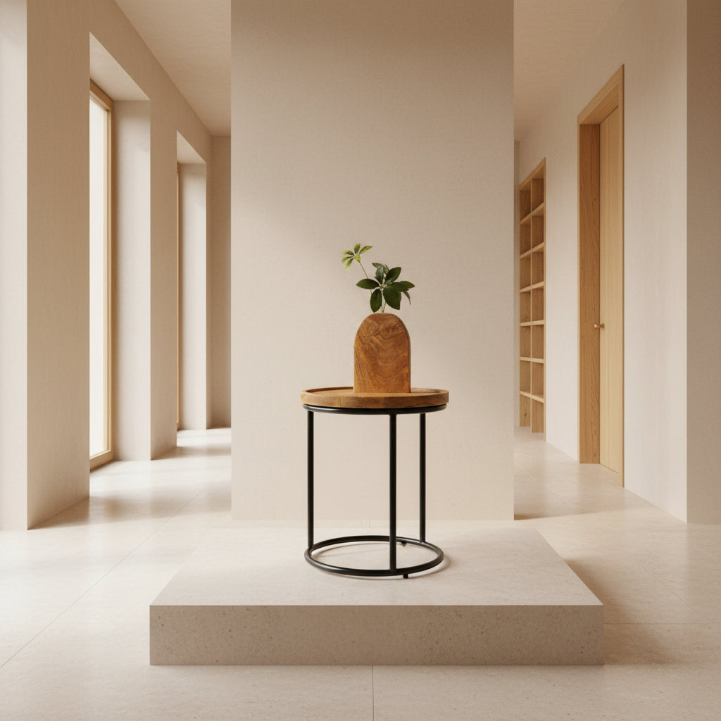 A round wooden side table with a black metal circular stand, shown holding a small potted green plant. The table is set against a gray backdrop with a light-colored floor and some warehouse shelving visible in the background.