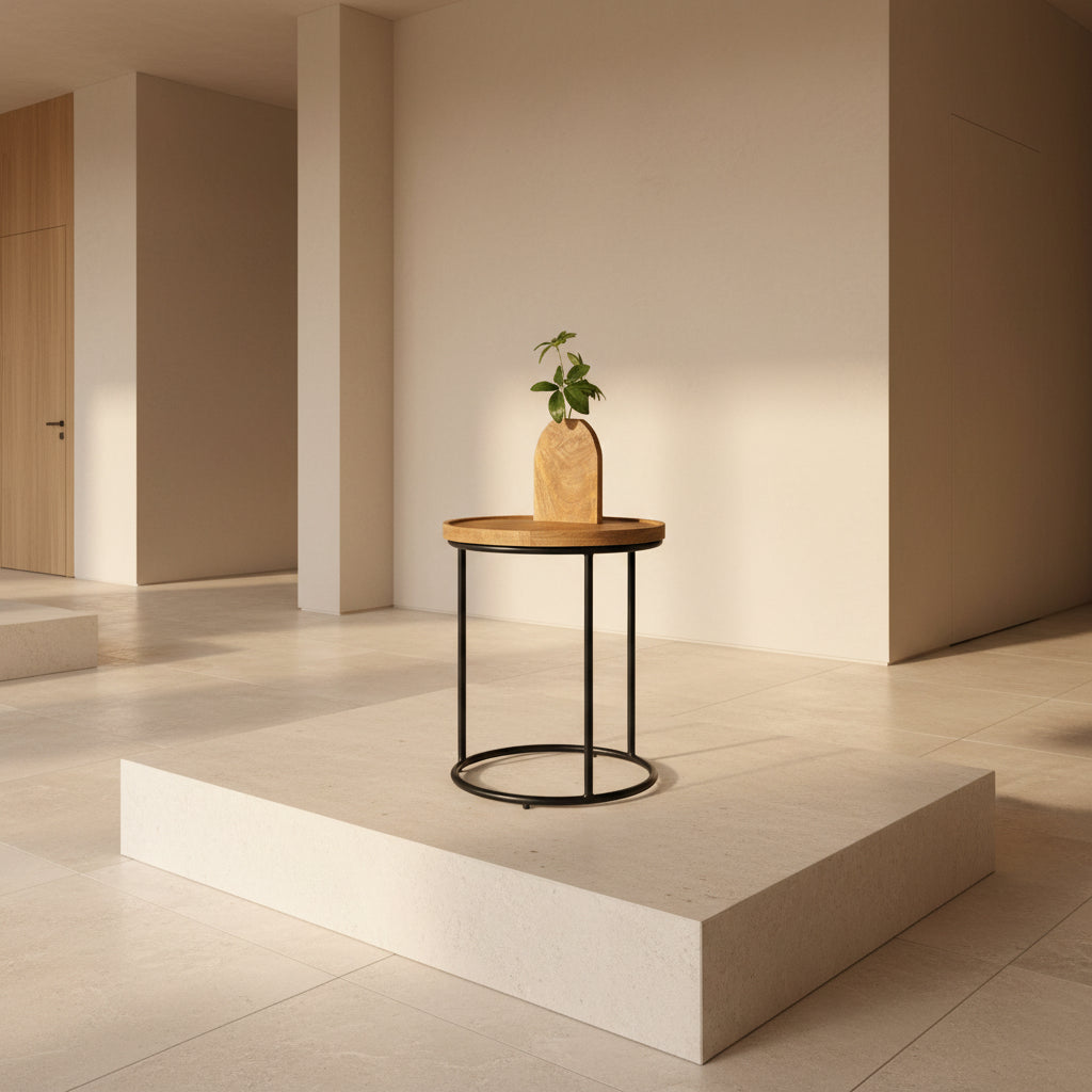 A small round wooden side table with a black metal pedestal base and a matching vertical wooden planter insert, shown on a tabletop against a gray backdrop.