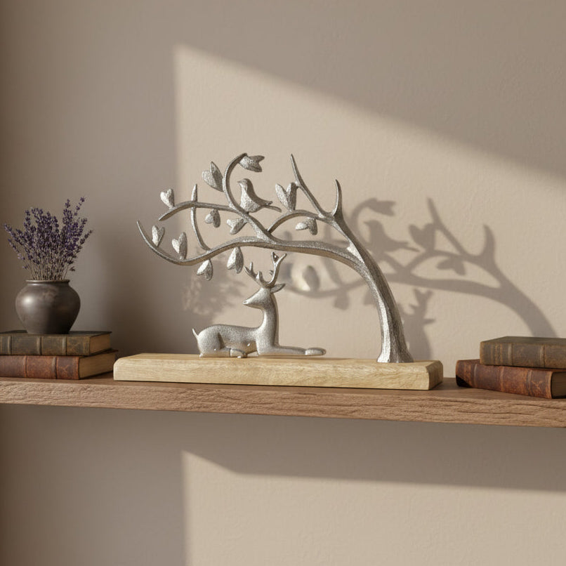 A decorative metal sculpture of a deer beneath a tree with birds, mounted on a rectangular wooden base, photographed against a blue wall and tan surface.