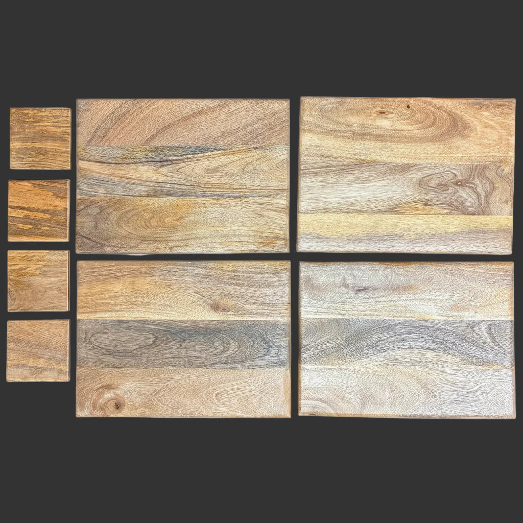 Four rectangular Mango wood placemats and 4 wood coasters on a white background, showing natural wood grain patterns in shades of tan, brown, and gray.