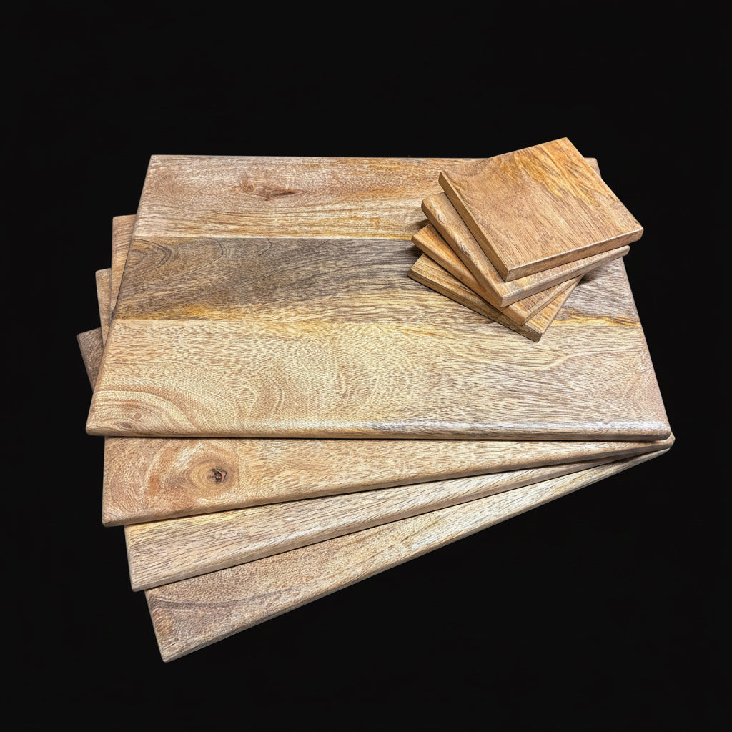 A stack of rectangular wooden boards with visible natural grain, including two smaller square pieces stacked on top, photographed against a solid black background.