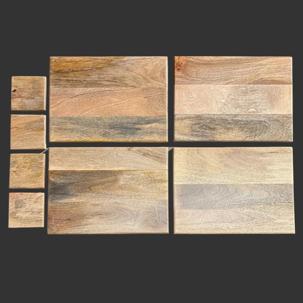 set of 4 rectangular Mango wood-placemats and coasters arranged on a dark background, showing natural grain patterns in tan, brown, beige, and gray tones.