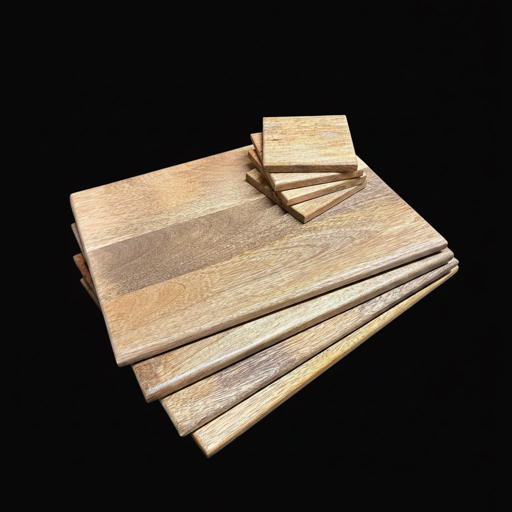 A set of wooden cutting boards with a natural grain pattern, including one large board, several medium-sized boards fanned out underneath, and a small stack of four rectangular boards on top, all resting on a dark gray surface.
